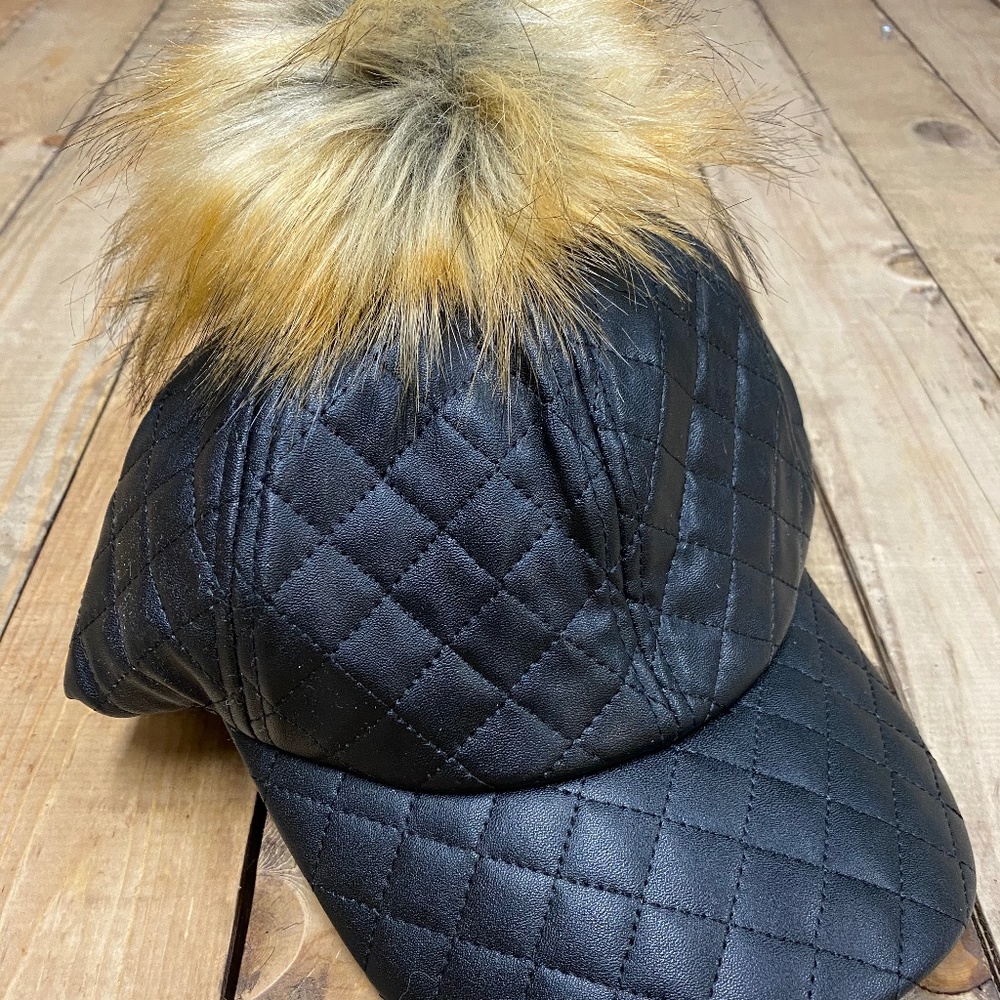 Black Faux Leather Quilted Fur Pom Pom Hat